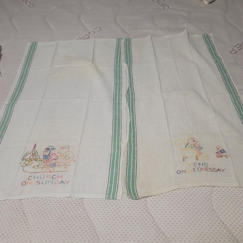 2 Tea Towels Embroidered Vintage Mend on Wednesday Church on Sunday 15 x 24"
